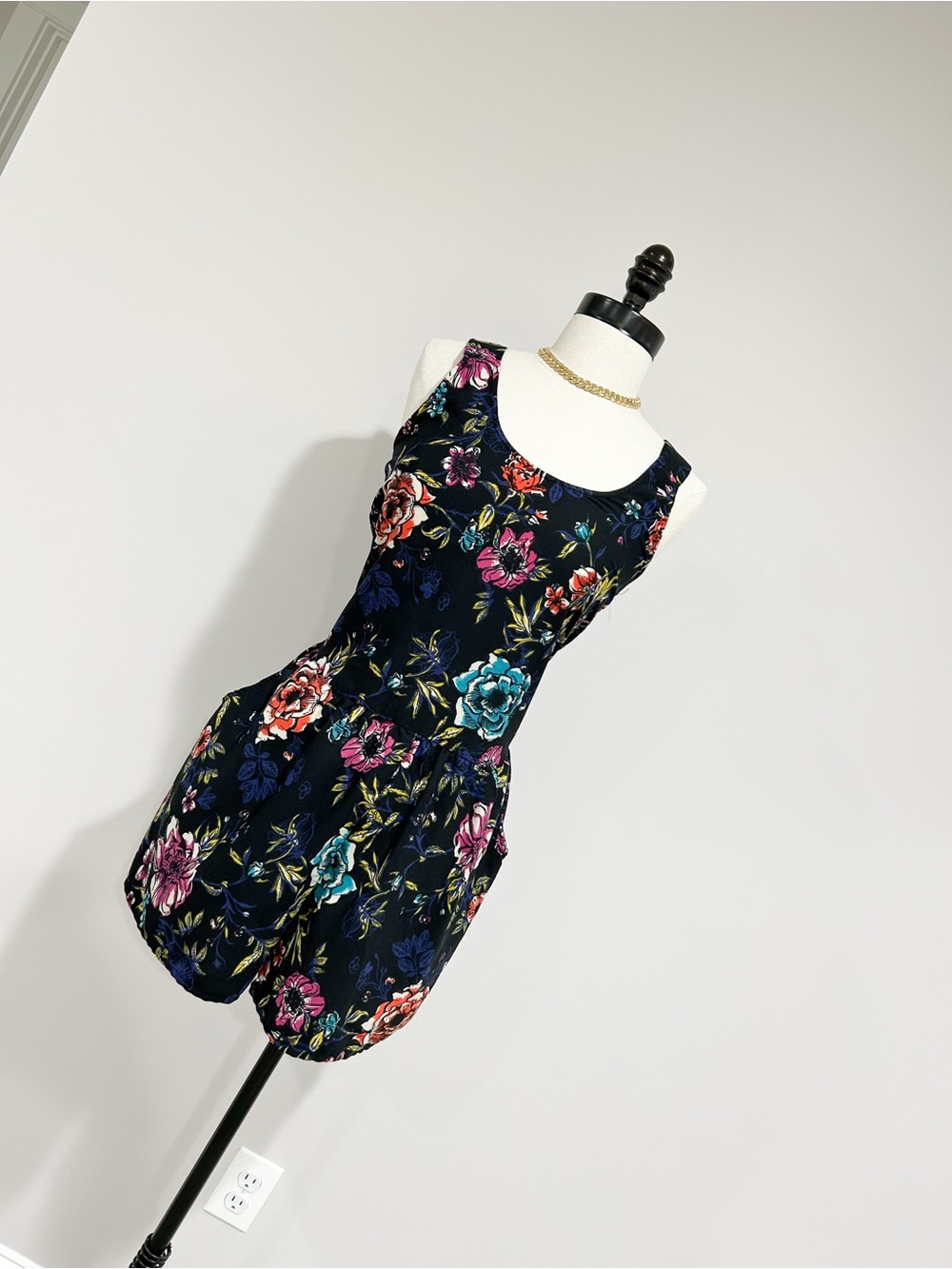 Xhilaration Navy Floral Sleeveless Romper with Multicolor Blooms